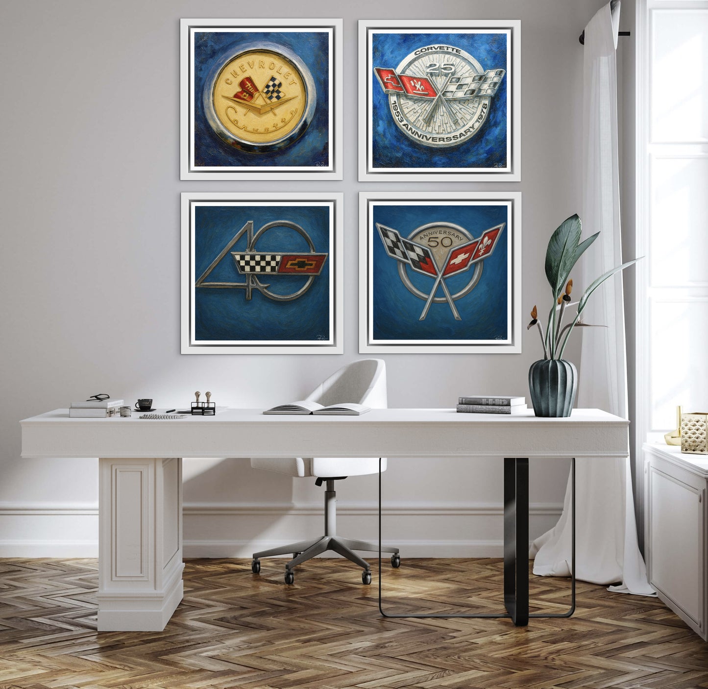 Decorative wall art above a desk in a home office setting