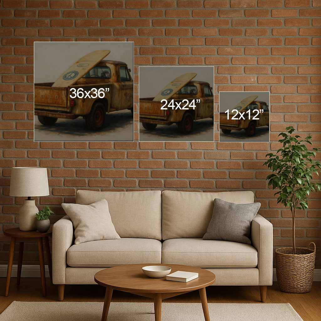 Living room with a beige sofa, wooden coffee table, and three framed pictures of an old truck on a brick wall.