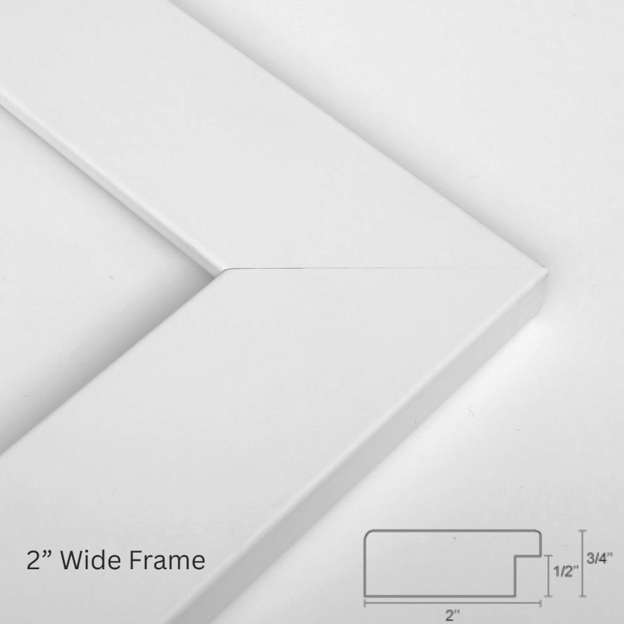 White frame with dimensions on a light gray background