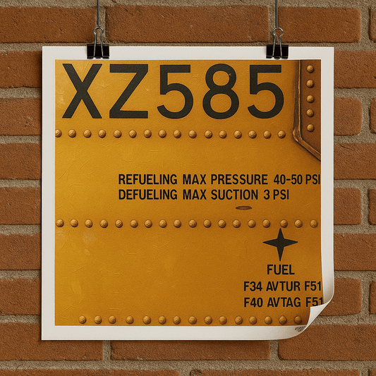 Yellow refueling sign on brick wall hanging from clips
