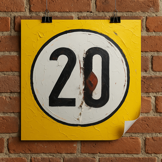 Yellow sign with black and white number '20' on a brick wall