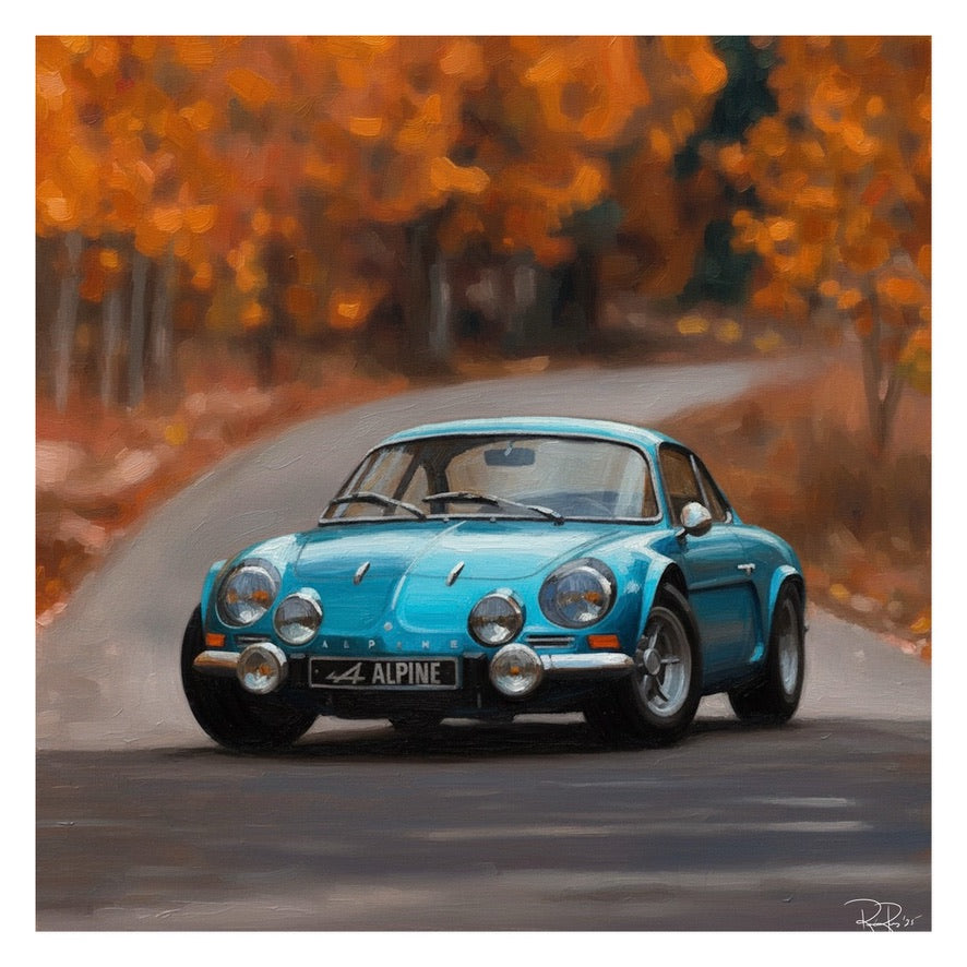 Blue vintage car on a road with autumn trees in the background