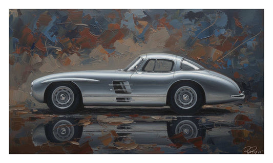 Painting of a silver vintage car on a reflective surface with abstract multicolored background