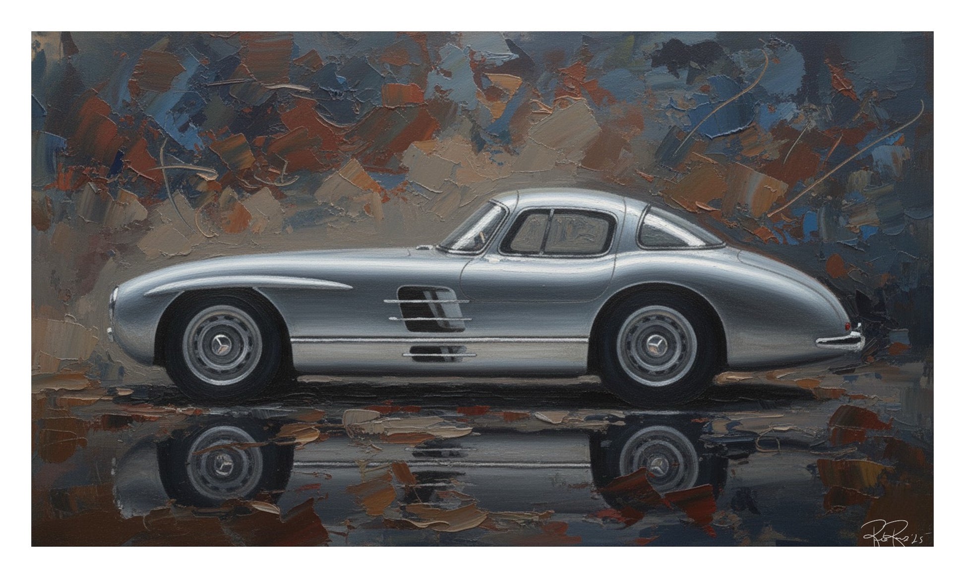 Painting of a silver vintage car on a reflective surface with abstract multicolored background