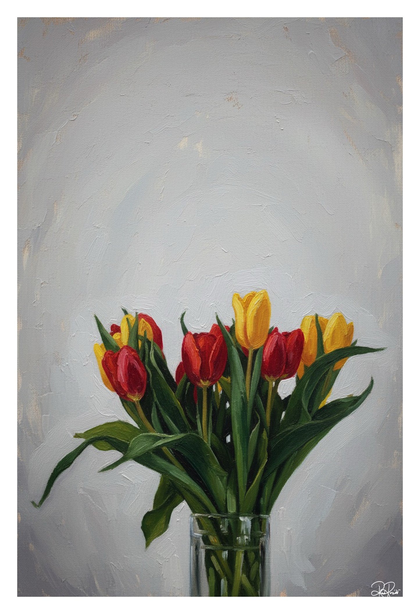 Artistic depiction of red and yellow tulips in a clear vase against a textured gray background.