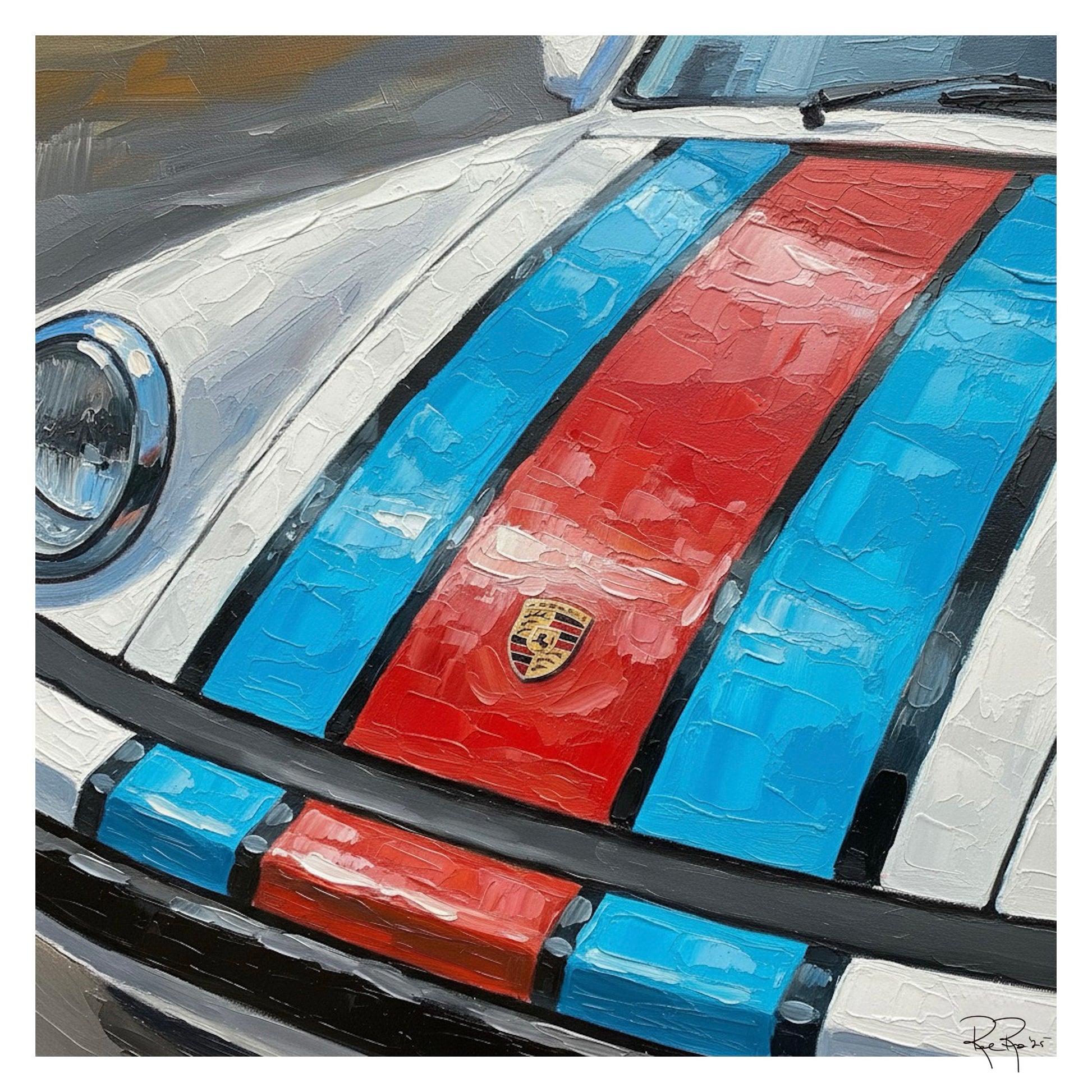 Close-up of a car with red and blue stripes and a logo on a white background