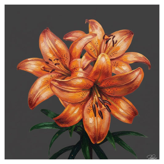Artistic depiction of an orange lily flower on a dark background