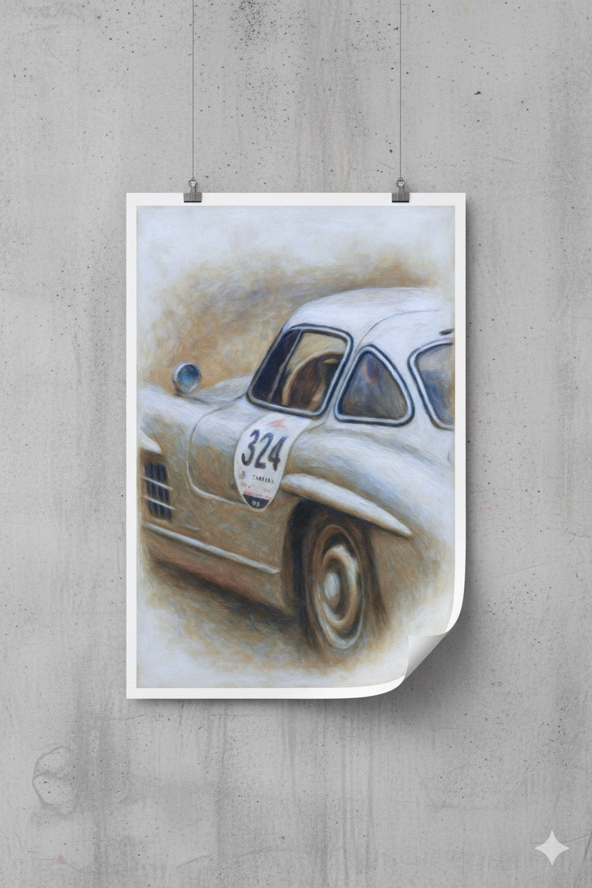 Poster of a vintage car with number 324 on a concrete wall.