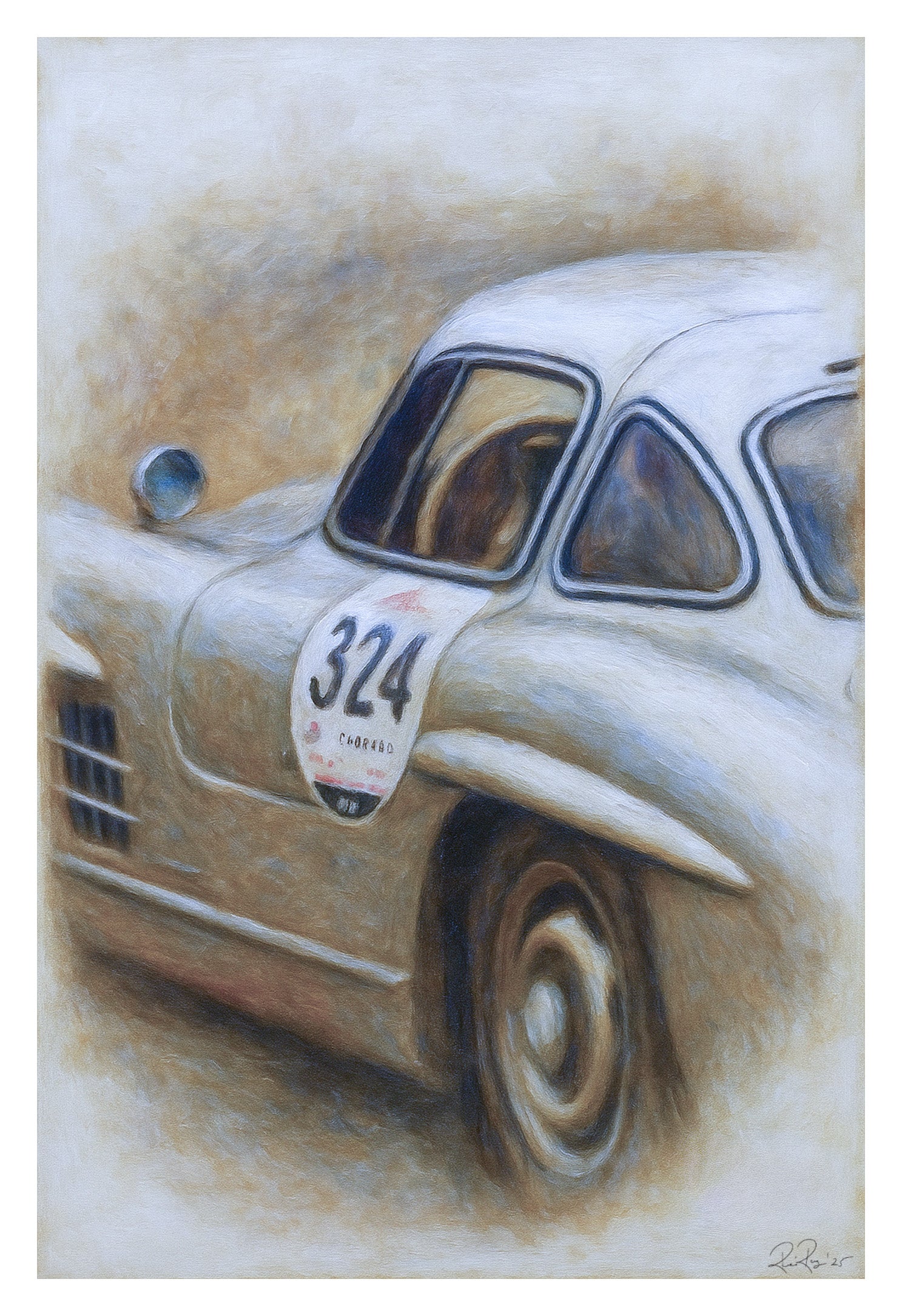 Vintage car with number 324 on a textured background