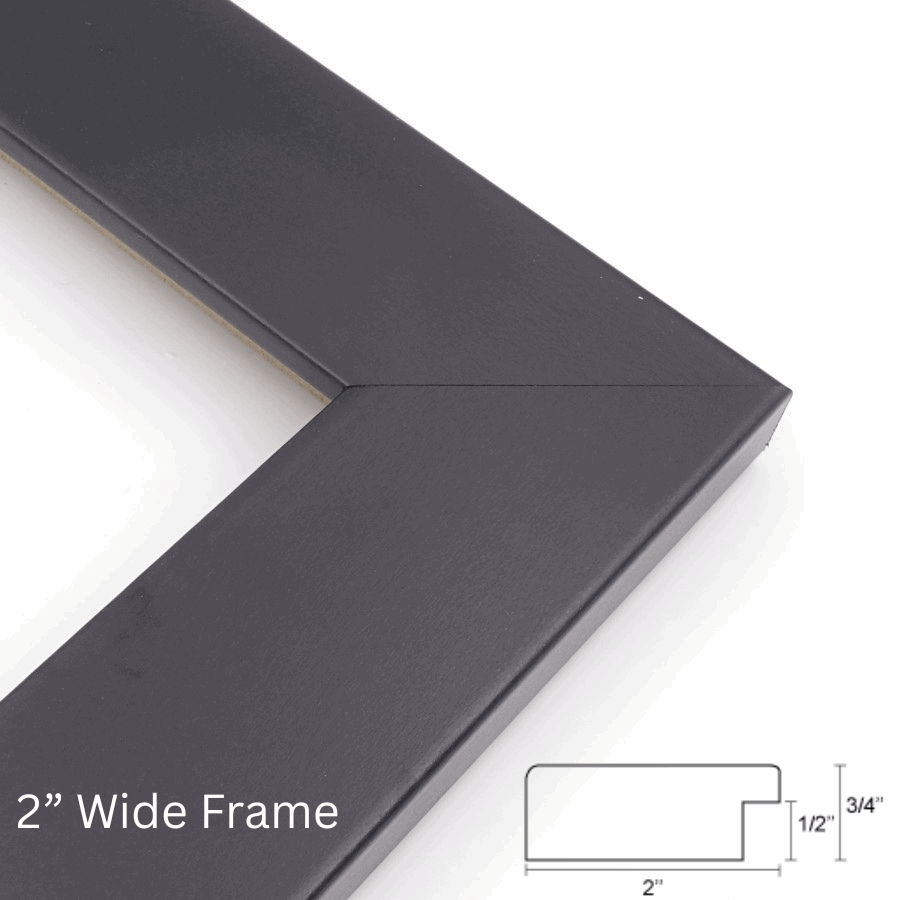 Black picture frame with dimensions on a white background