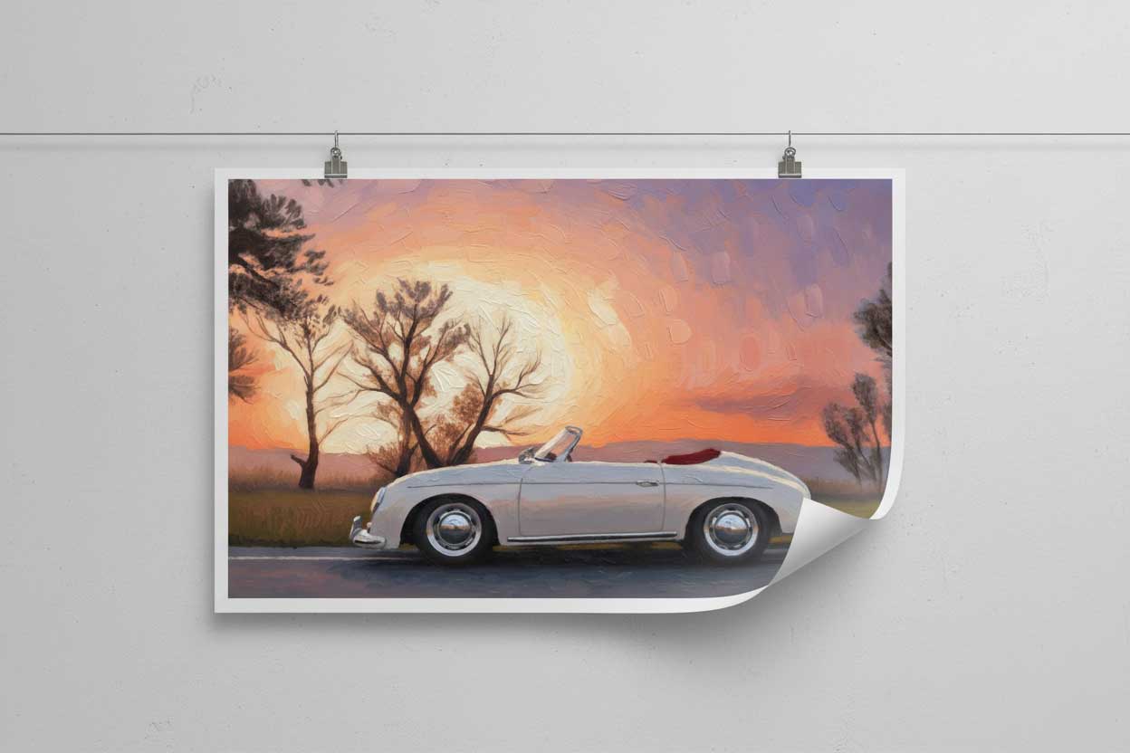 Poster of a vintage car on a road with a sunset and trees in the background
