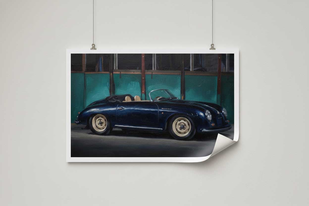 Poster of a vintage blue convertible car hanging on a white wall.