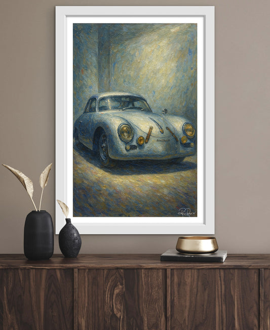 Framed painting of a vintage car on a wall above a wooden console table.