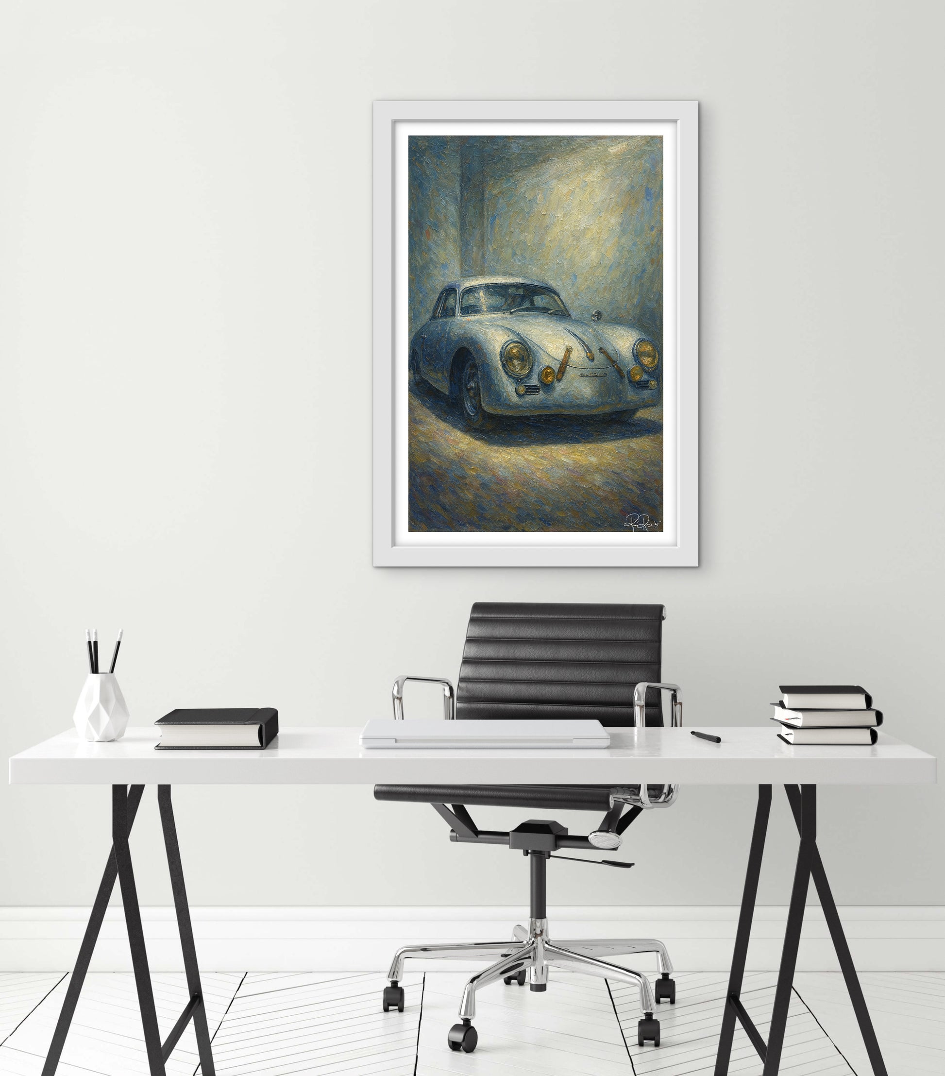 Framed painting of a vintage car on a wall above a desk with office furniture.
