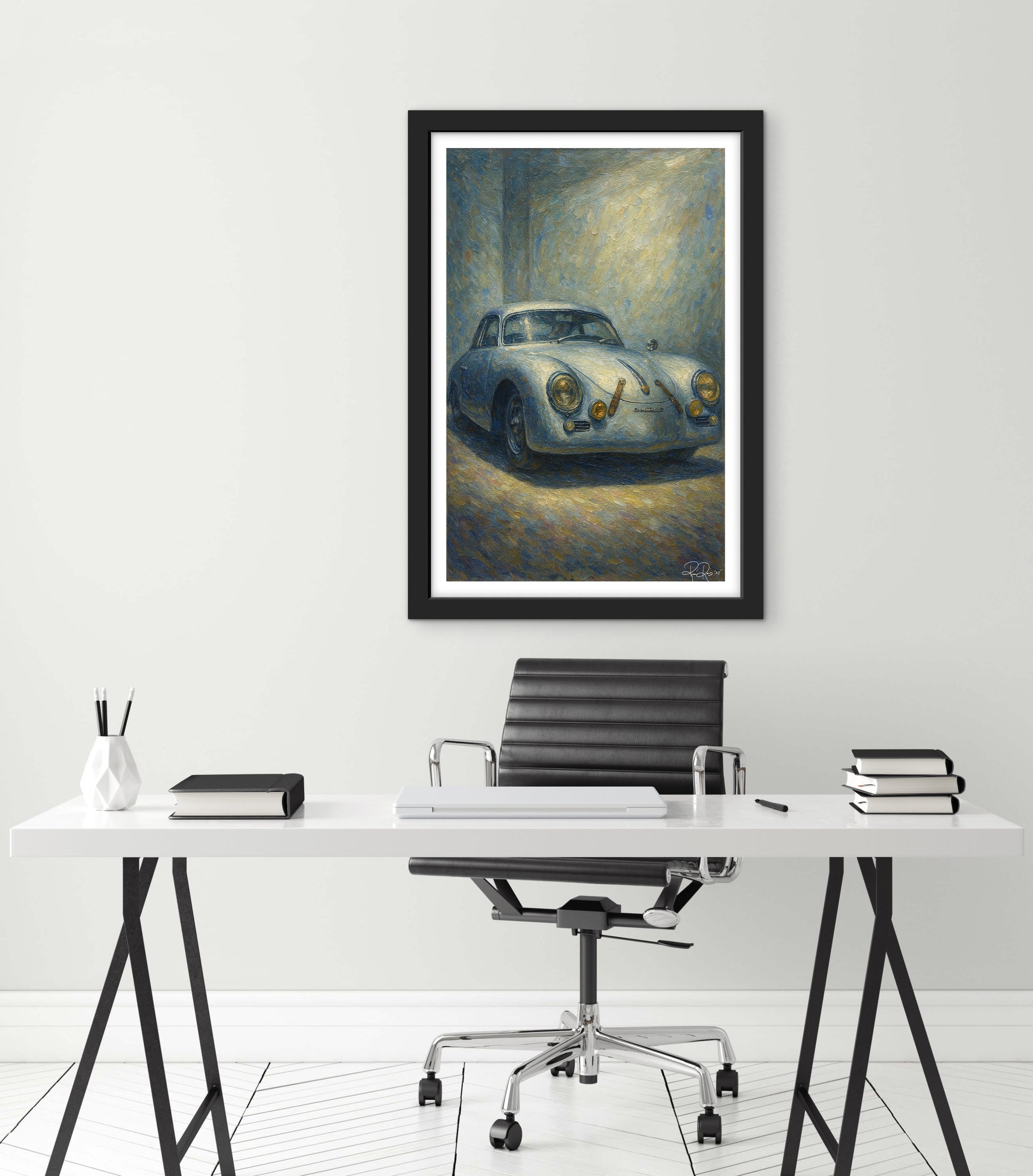 Framed painting of a vintage car above a desk with office furniture.