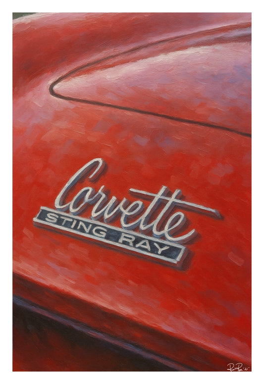 Red Corvette Sting Ray emblem on a car hood