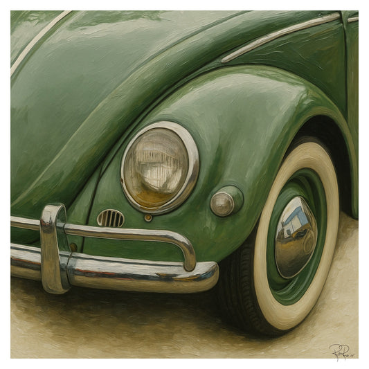 Close-up of a vintage green car with chrome bumper and headlight.