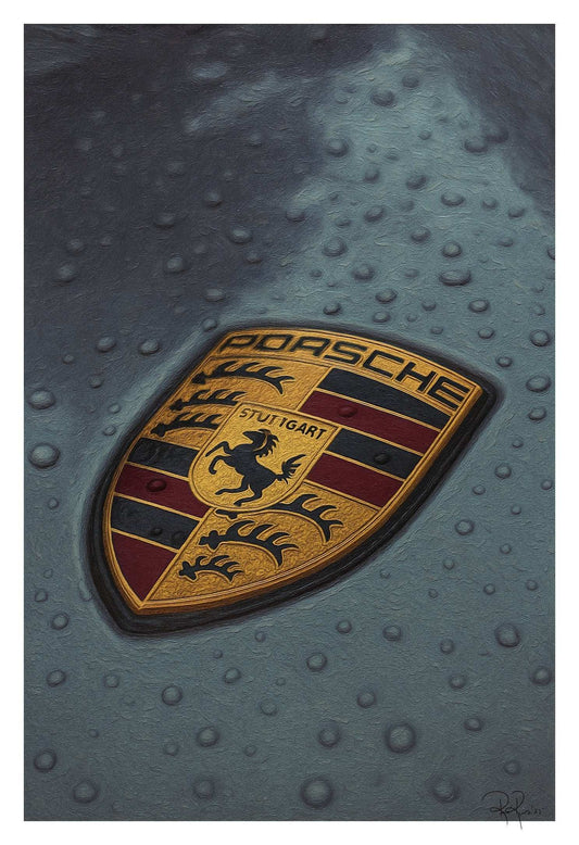 Rain-Kissed Porsche Crest Emblem Digital Art Print