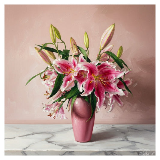 Pink Lily Bouquet Oil Painting Print – Soft Pastel Floral Wall Art