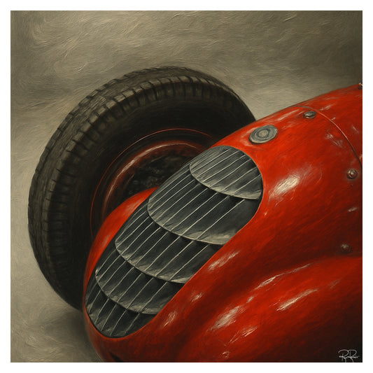 Close-up of a red vintage car with a black tire on a textured gray background