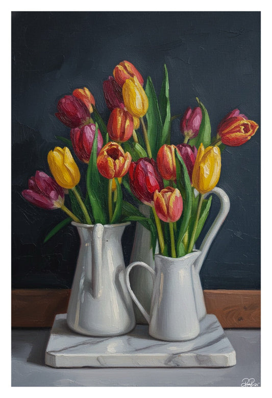 Three white jugs filled with red, yellow, and pink tulips on a dark background