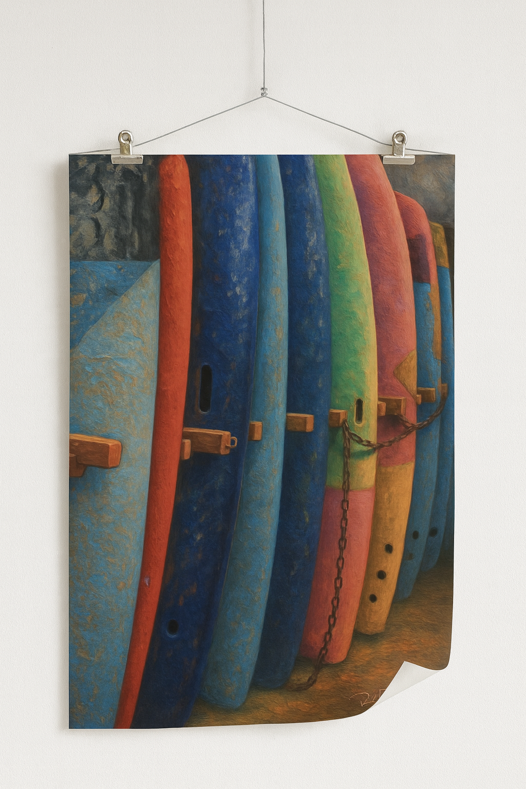 Colorful surfboards arranged vertically on a wooden rack against a white background