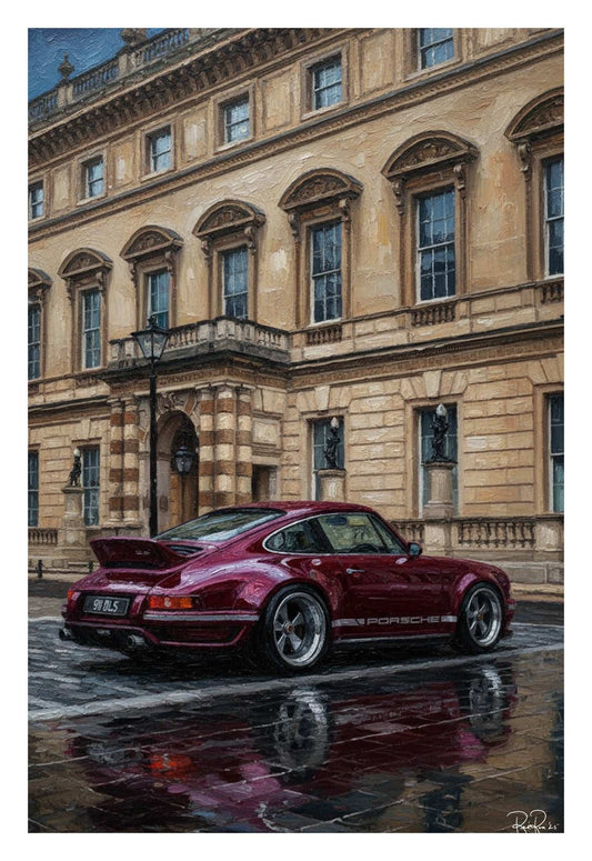 Red sports car parked in front of a classical building