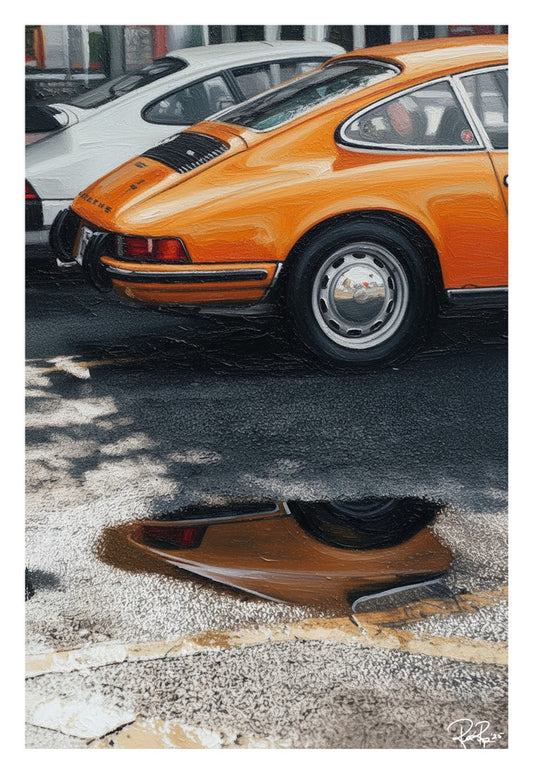 Orange vintage car parked on a street with a puddle reflecting its image.
