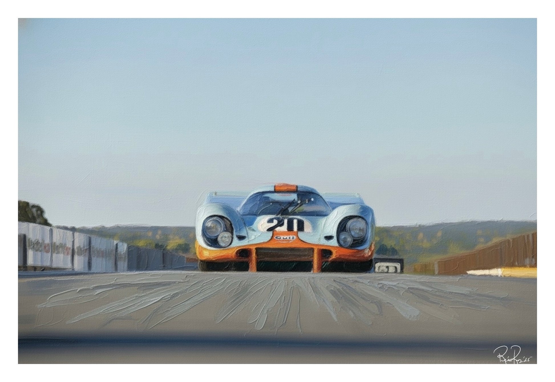 Vintage race car on a track with a clear sky