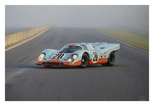 Vintage race car on a track with a foggy background