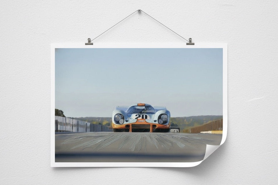 Poster of a vintage race car on a track with a white background