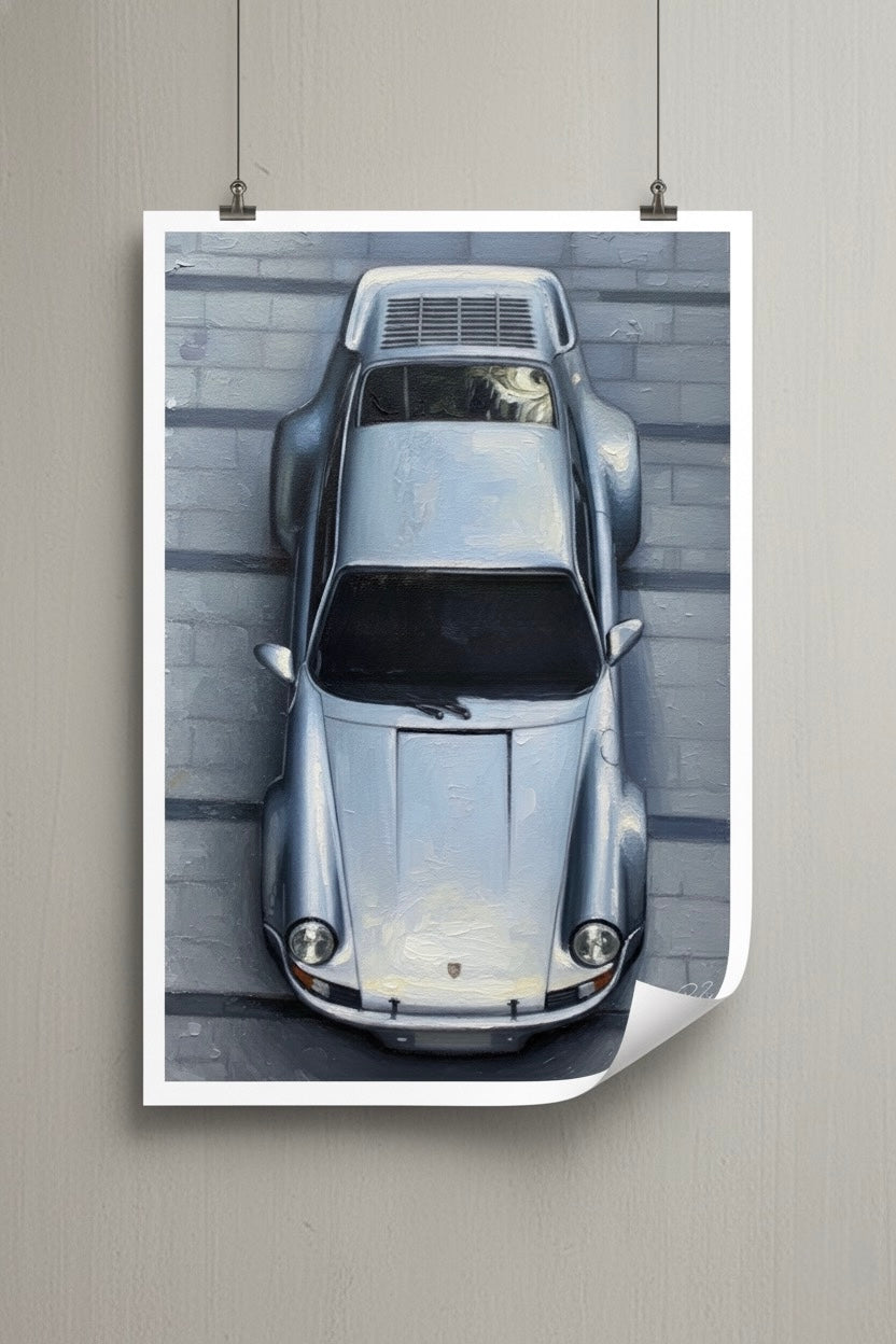Poster of a vintage car against a brick wall on a gray background