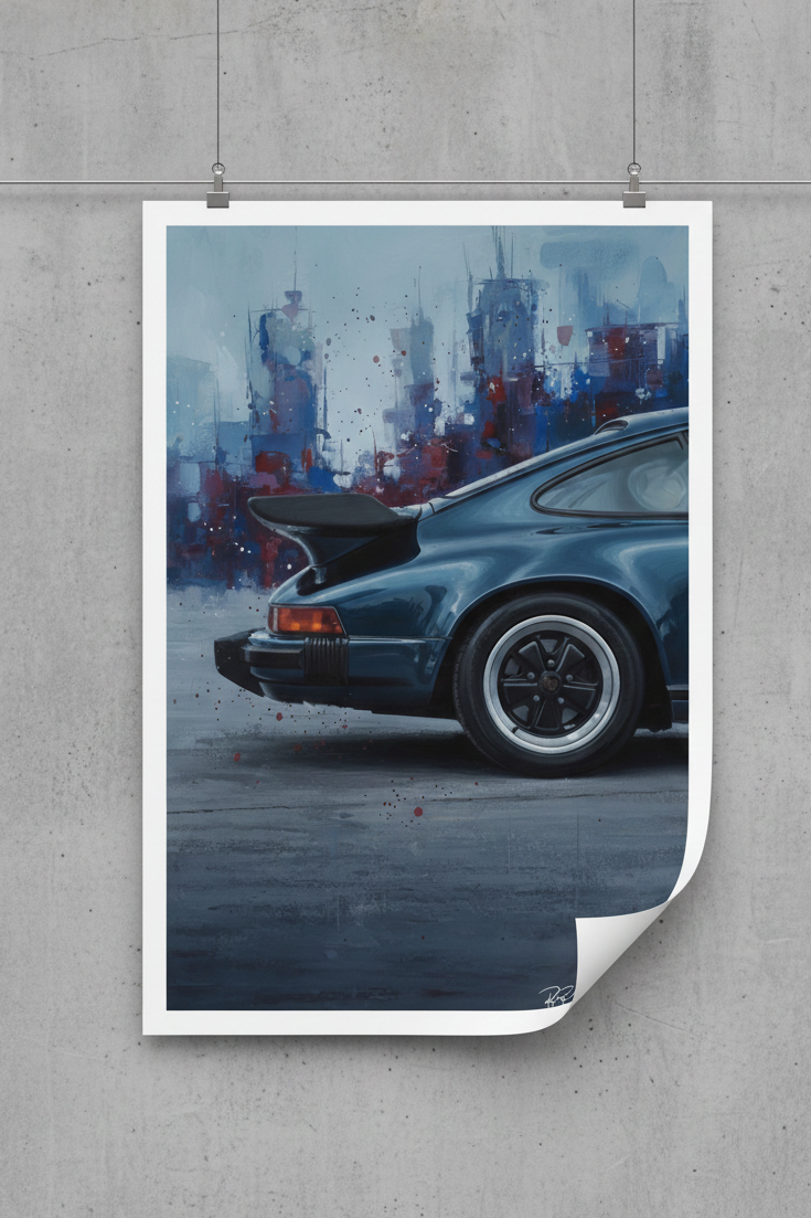Poster of a blue car on a cityscape background hanging on a concrete wall.