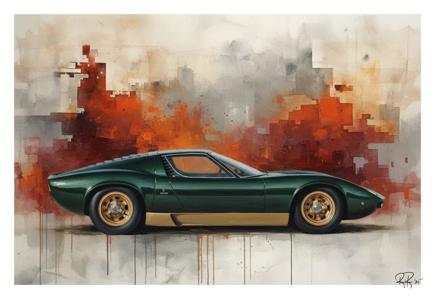 Green Lamborghini Miura Art: Retro Italian Sports Car Print | High-End Man Cave Decor