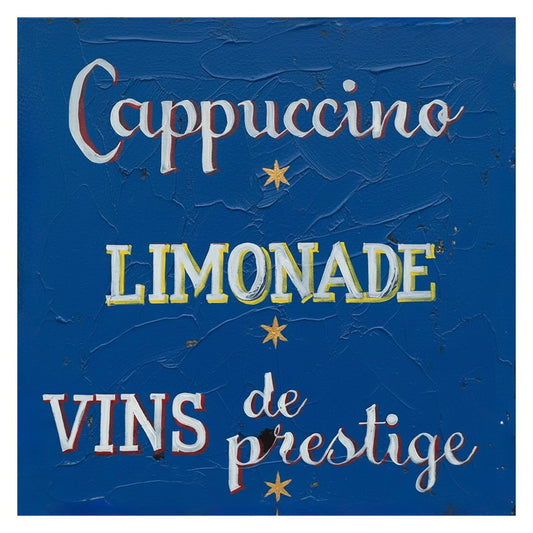 Decorative sign with text 'Cappuccino', 'Limonade', 'Vins de prestige' on a blue background.