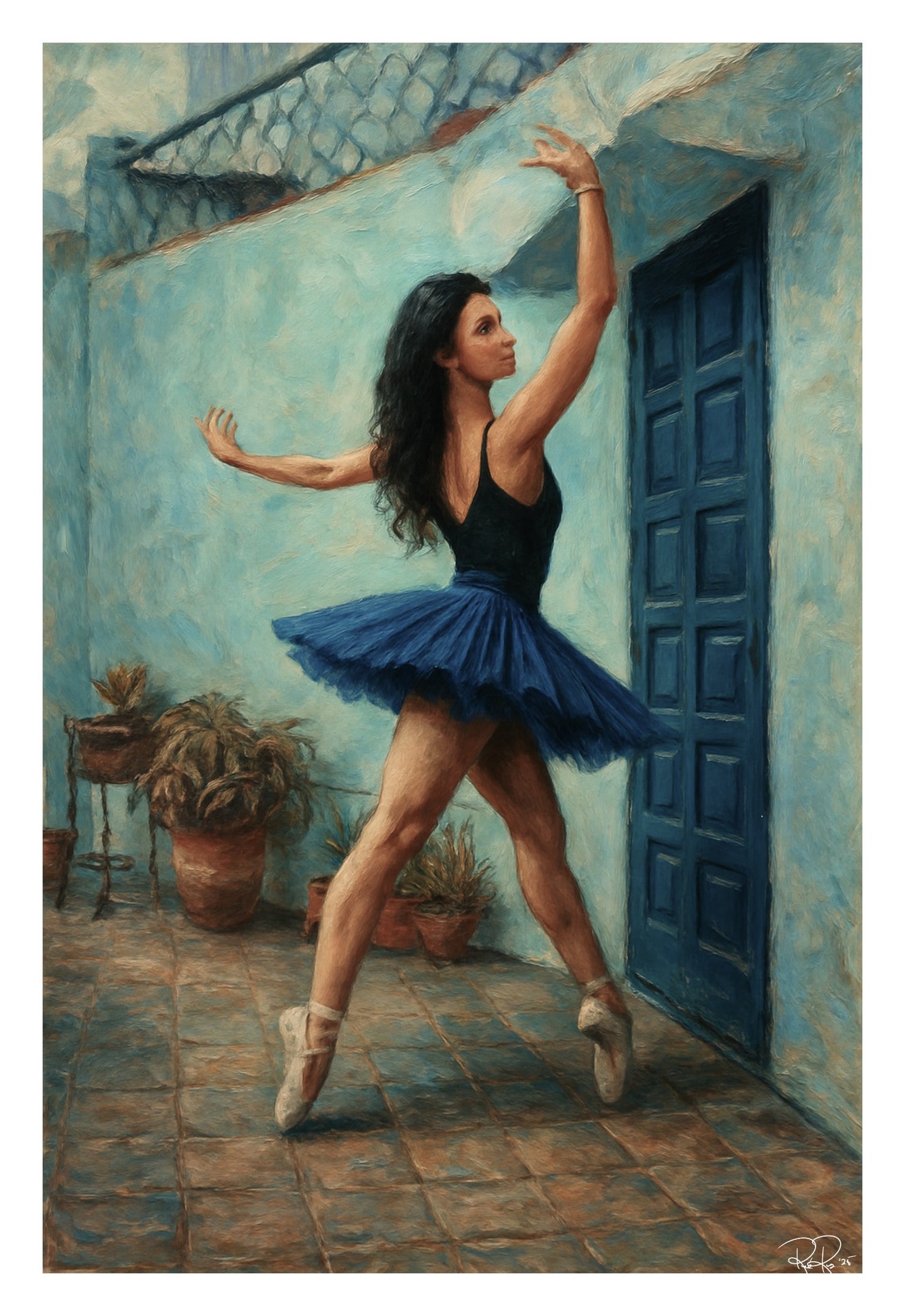 Painting of a ballerina in a blue tutu dancing in front of a blue door.