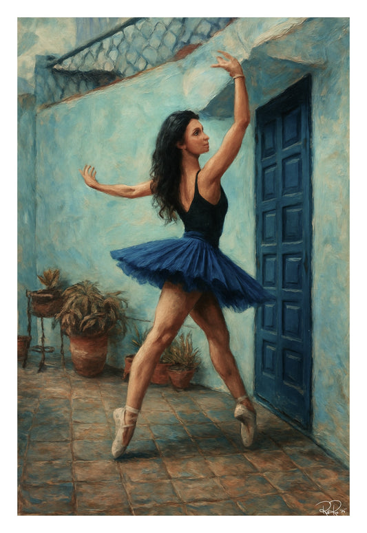 Painting of a ballerina in a blue tutu dancing in front of a blue door.