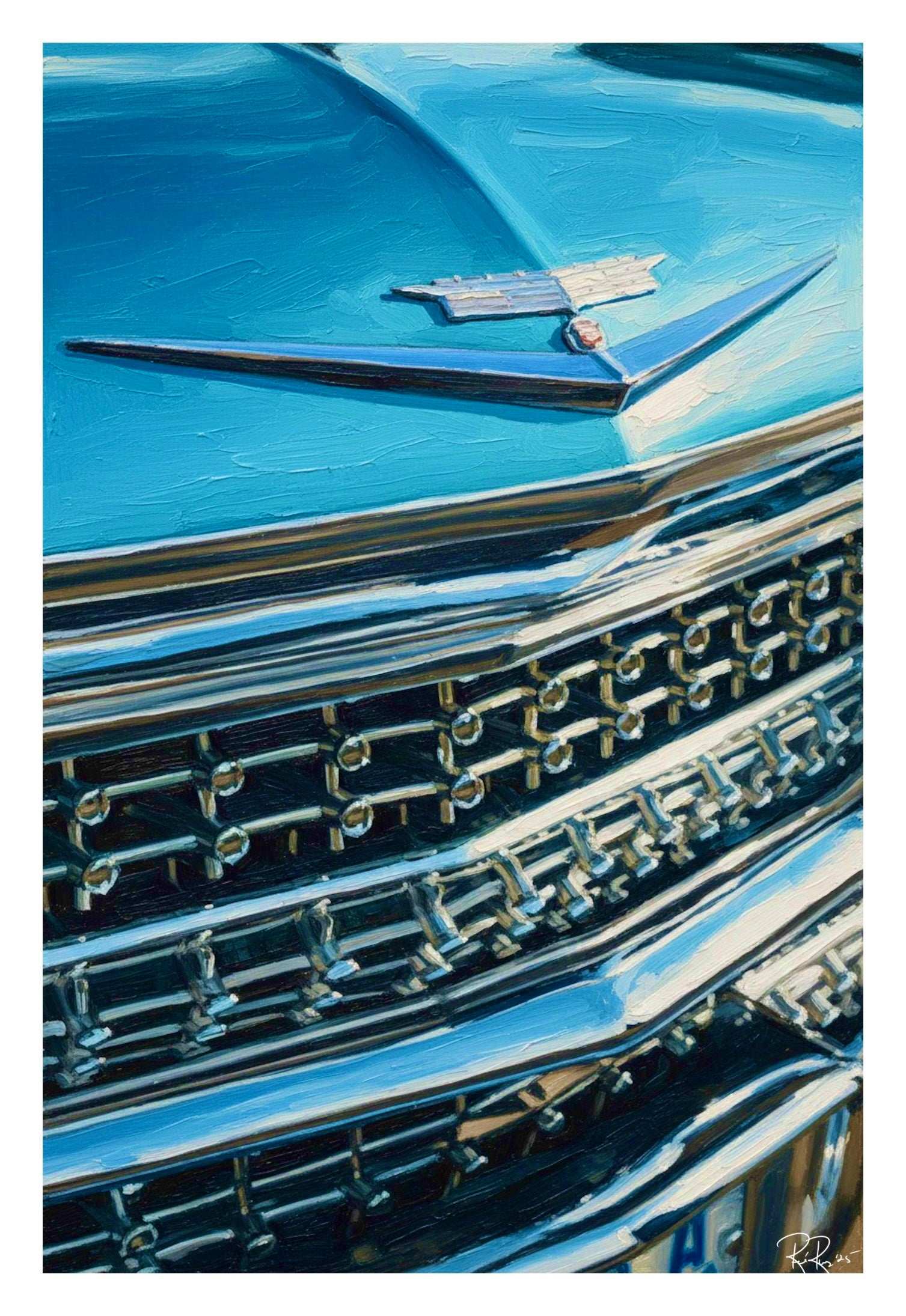 Vintage Car Chrome Art: Blue Cadillac Emblem Oil Painting