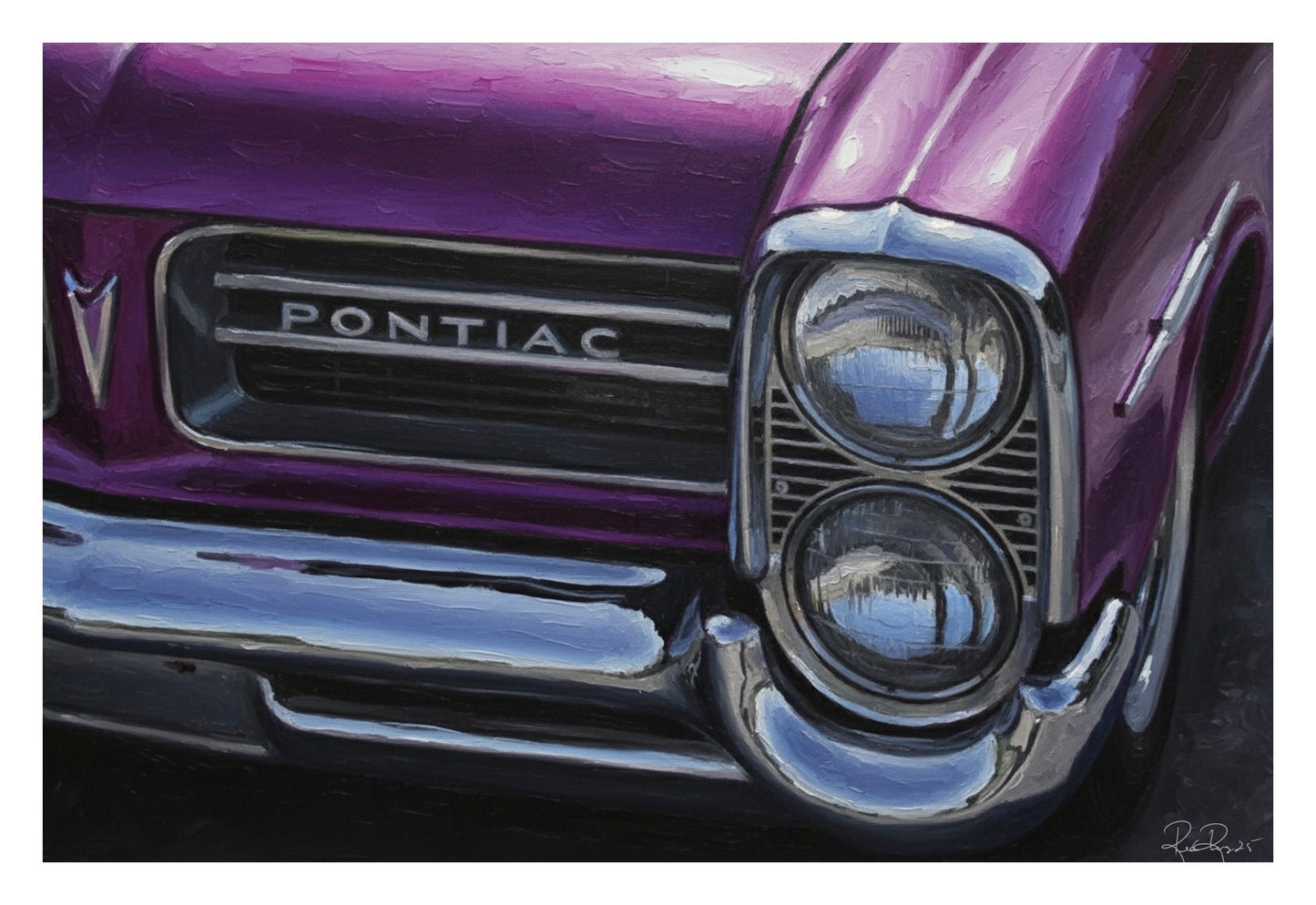 Close-up of a purple Pontiac car front with visible branding.