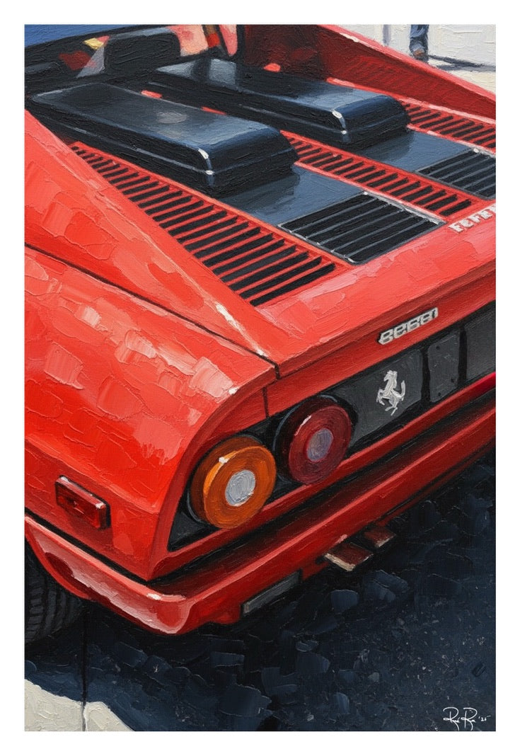 Close-up of a red Ferrari 288 GTO with visible branding.