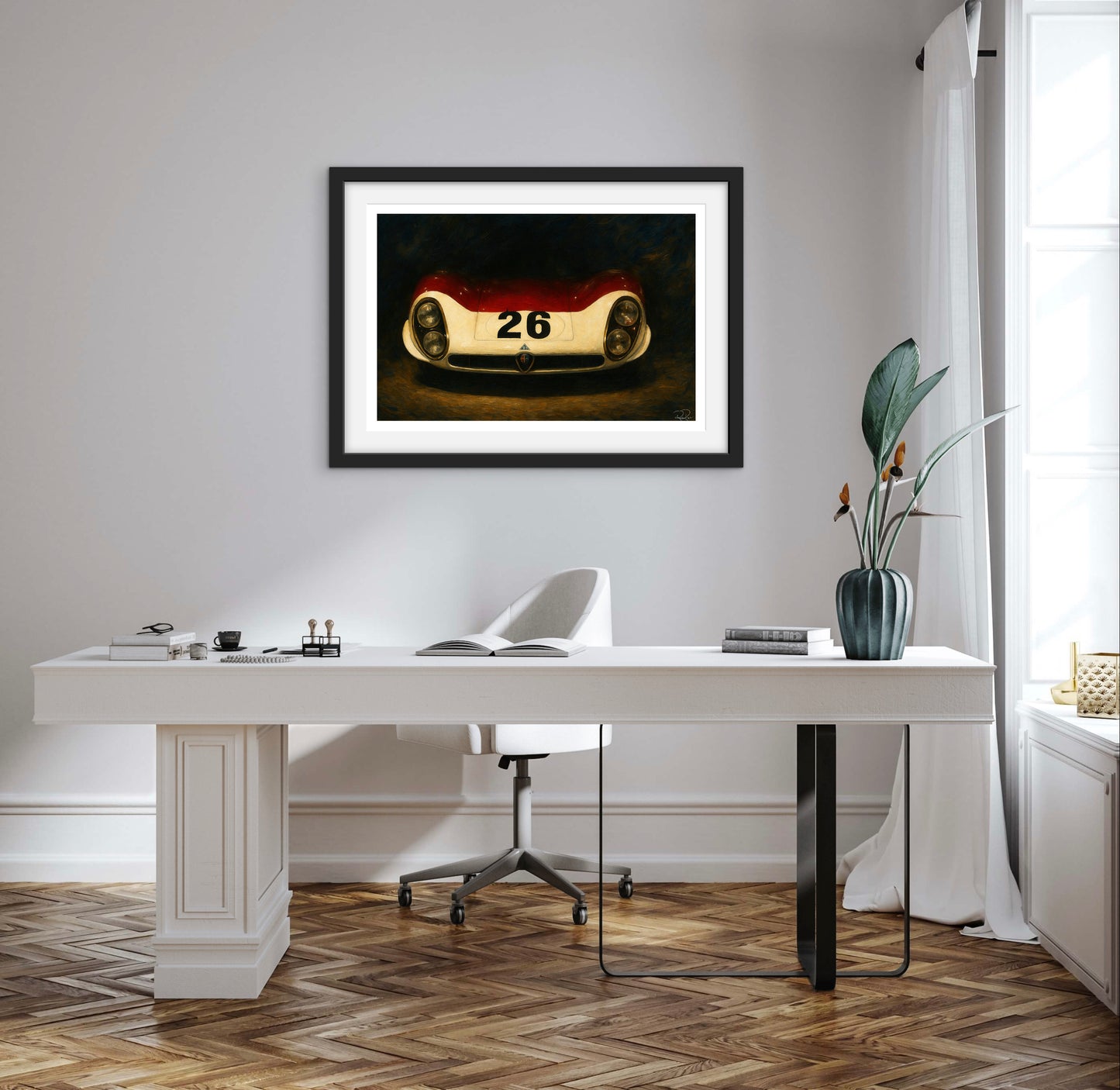 Modern office with a white desk, framed picture of a vintage car, and decorative elements.