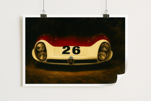 Vintage race car with number 26 on a dark background