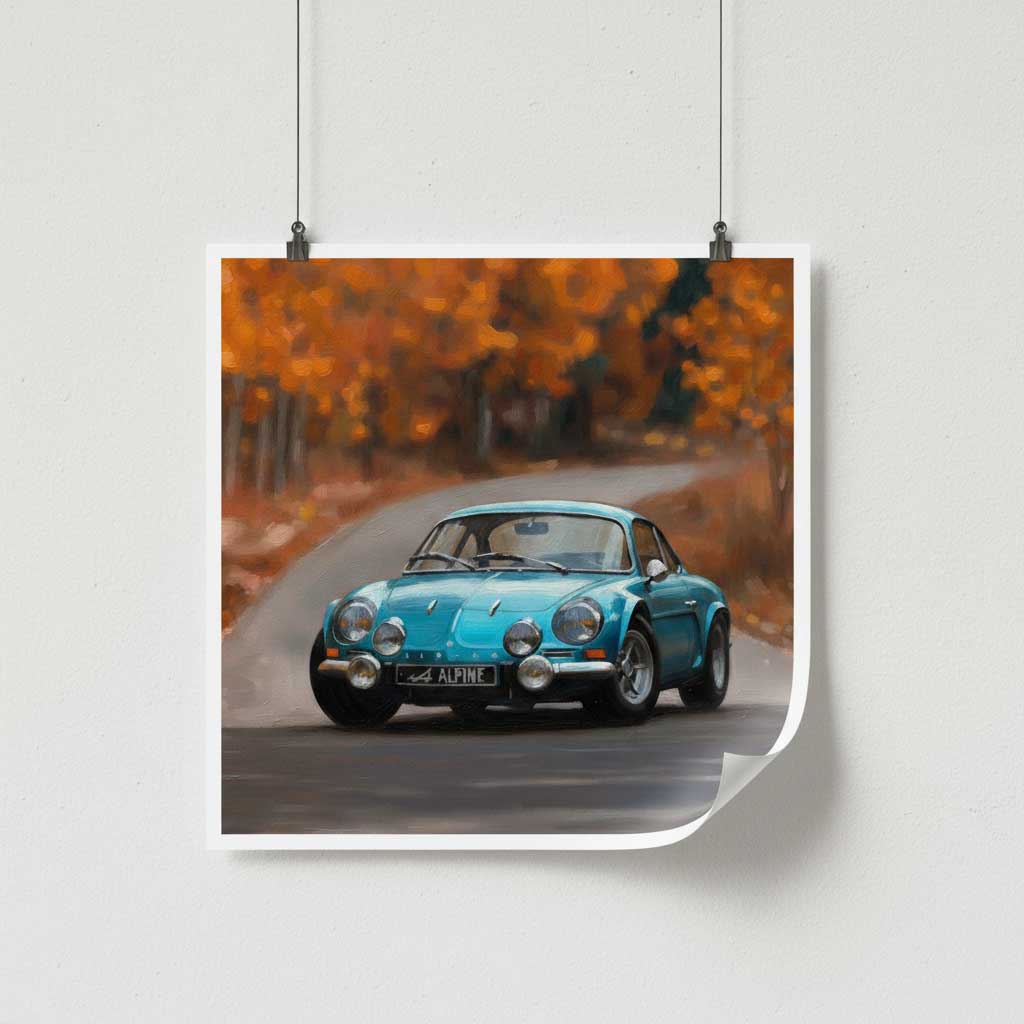 Vintage Blue Alpine A110 Oil Painting Print - Autumn Road Sports Car Art