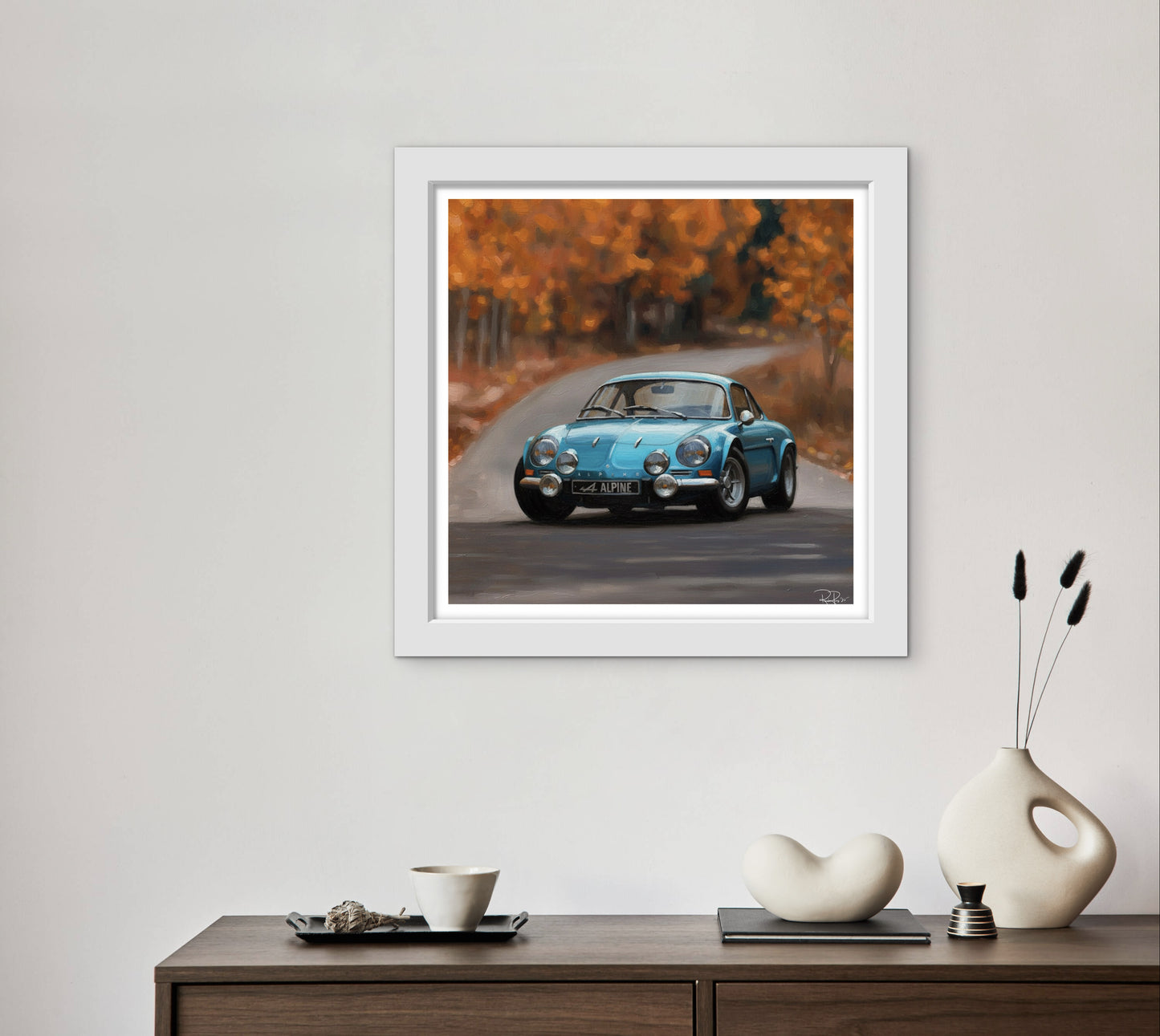 Vintage Blue Alpine A110 Oil Painting Print - Autumn Road Sports Car Art