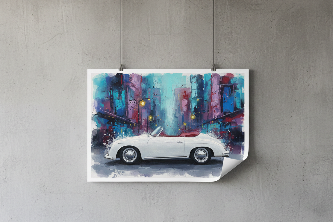 Poster of a white convertible car against a colorful cityscape on a gray wall.