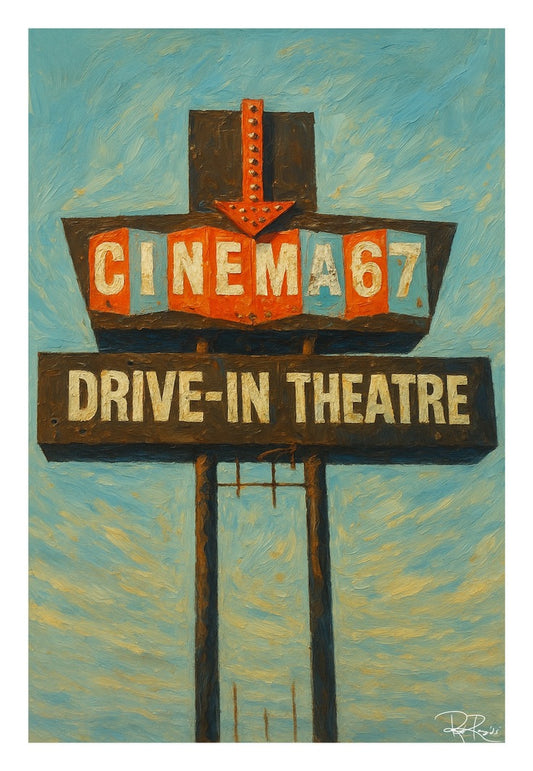 Artistic depiction of a drive-in theatre sign with 'Cinema 67' on a textured blue background.