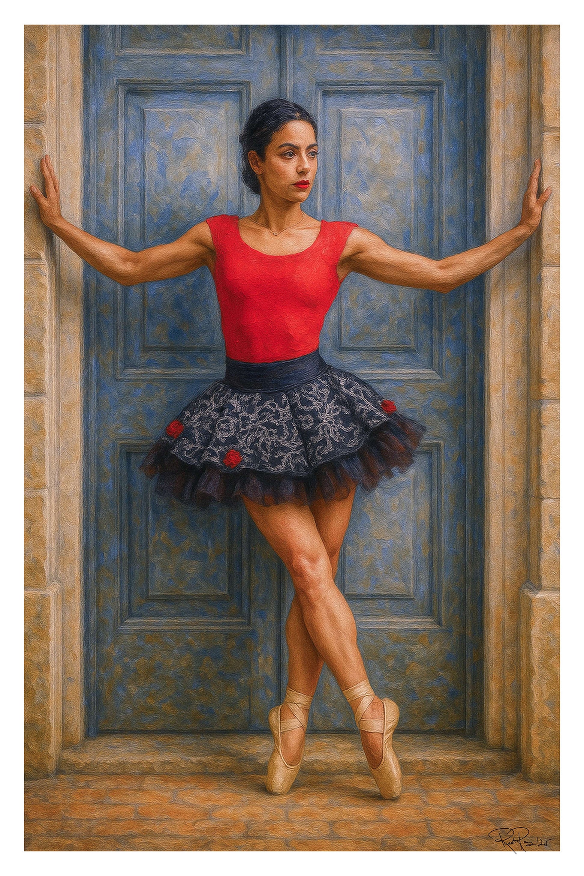 Dancer in a red top and black tutu standing against a blue door.