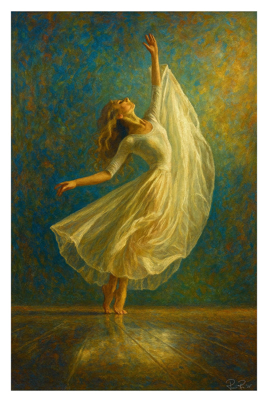 Painting of a woman in a white dress dancing with outstretched arms against a textured blue and gold background.