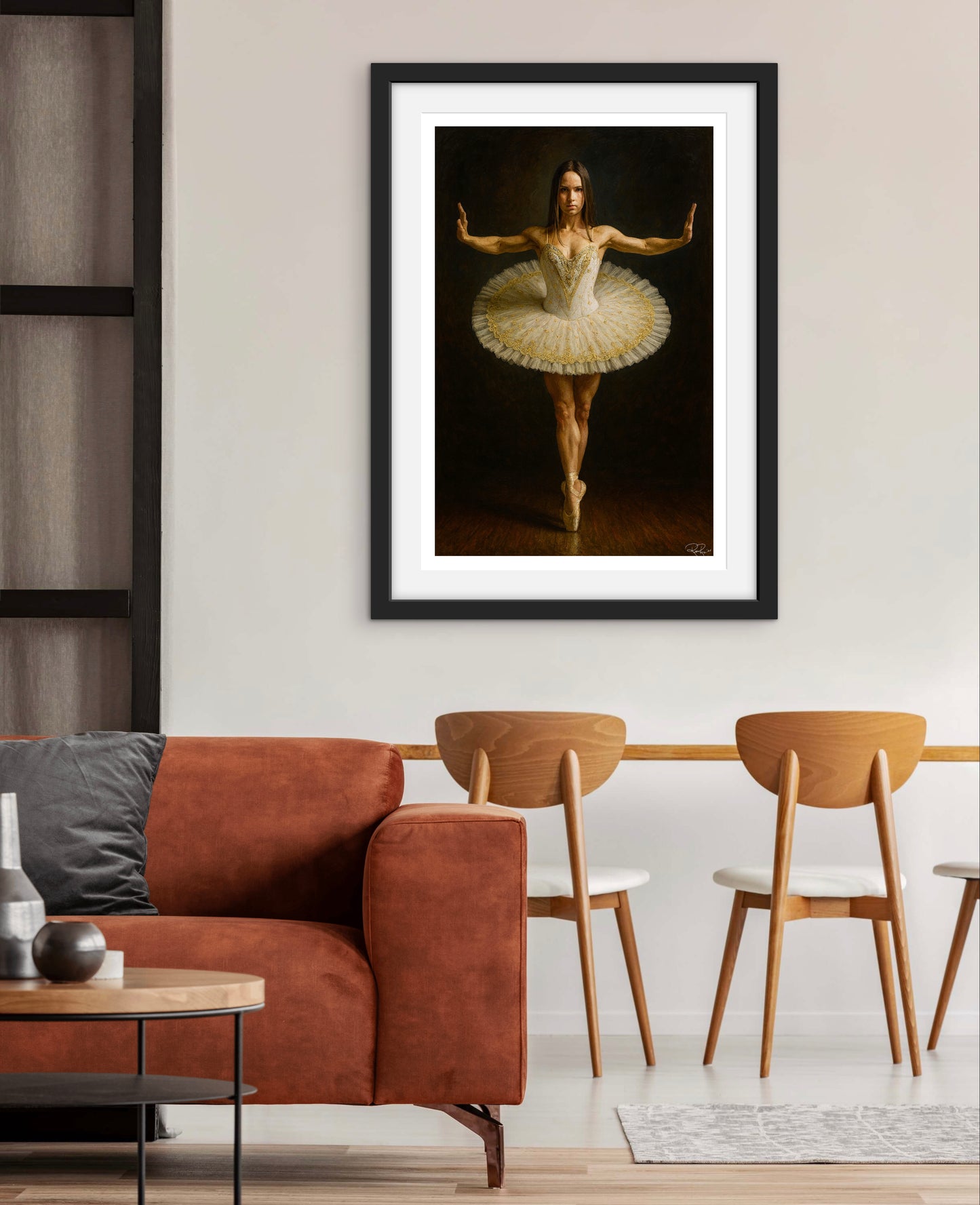 Framed artwork of a ballerina in a modern living room setting.