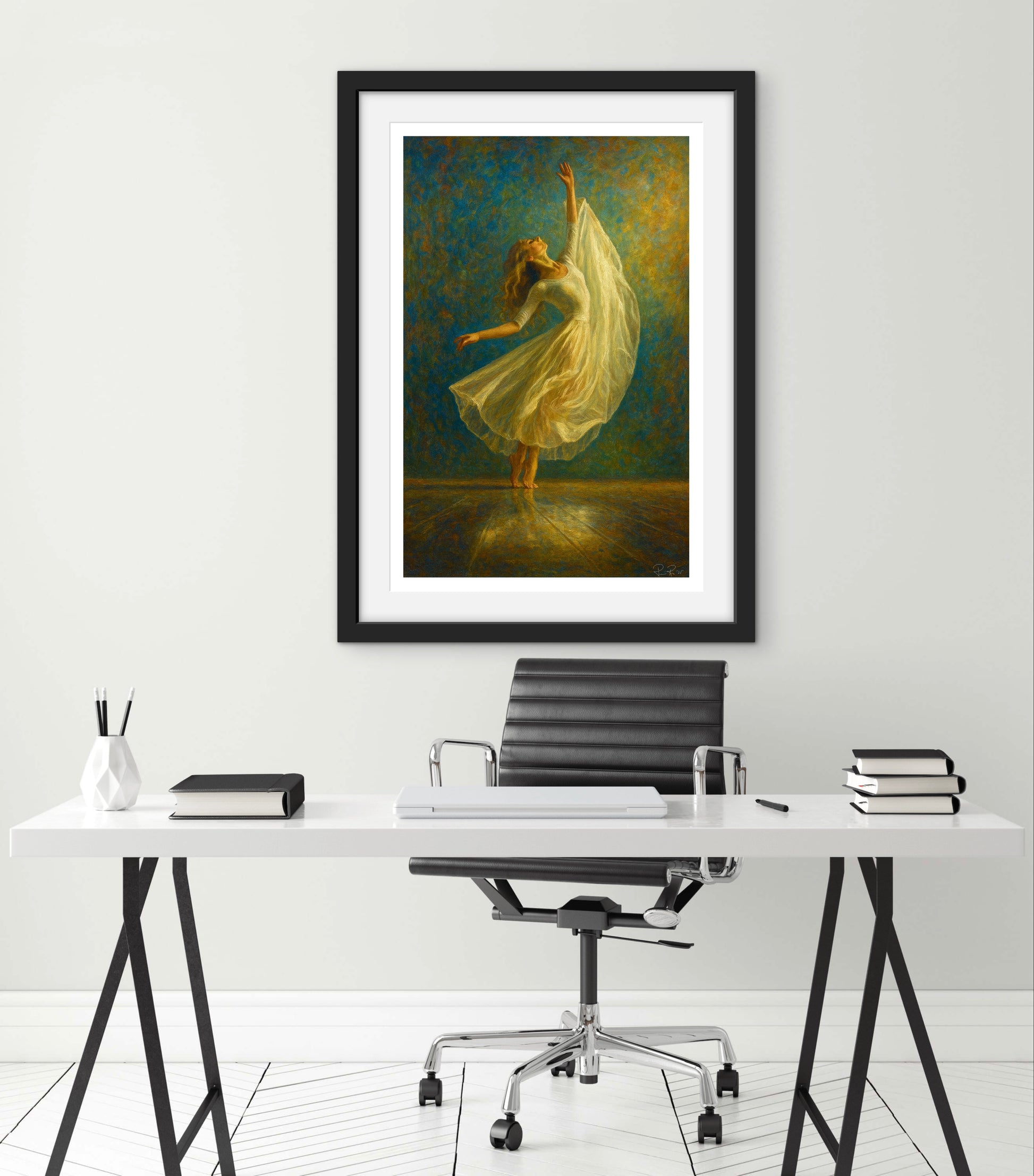 Framed artwork of a dancer in a modern office setting